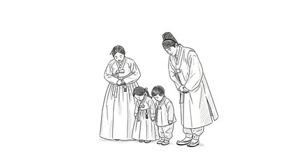 Family Illustration with Father Mother Children.