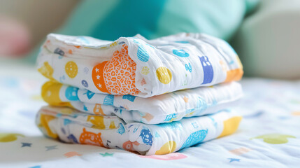 Soft patterned newborn diapers neatly stacked on cozy nursery bedding. Colorful patterns. Baby nesting, comfort, essential hygiene, organization, welcoming new baby home, early parenthood preparation.