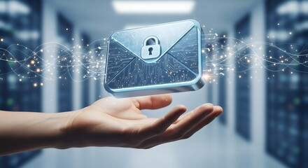 Three-dimensional abstract message icon with smooth edges floating above a human hand, subtle data flow lines integrated into the background, clean enterprise technology style.