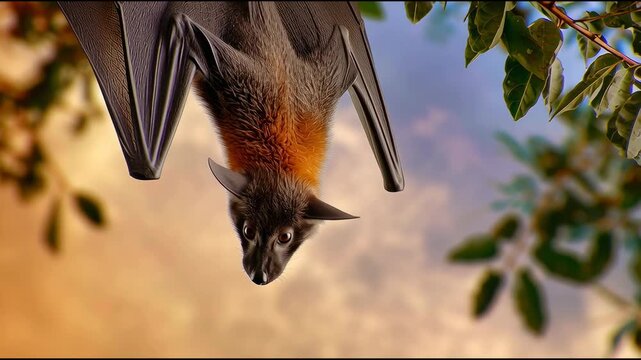 Indian flying fox hanging upside down among leaves at sunset  