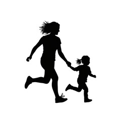 Obraz premium Silhouette of woman and child running Isolated On Transparent Background.
