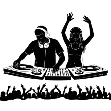 Two DJs performing at a party Isolated On Transparent Background.