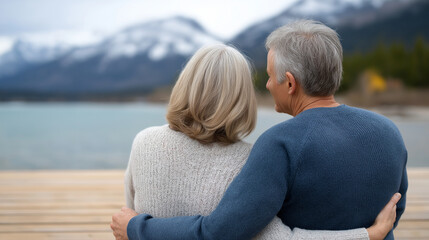 Fototapeta premium Senior couple embracing outdoors, looking at a beautiful mountain lake view while sharing a quiet romantic moment of togetherness and retirement travel, copy space