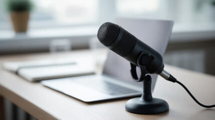 Black professional condenser microphone connected to a laptop on a wooden desk near a window, creating a modern home recording studio for podcasting or online communication, copy space