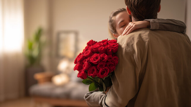 Couple embracing while a man is gifting his girlfriend a large bouquet of red roses, symbolizing love, romance, togetherness, and a special celebration, copy space