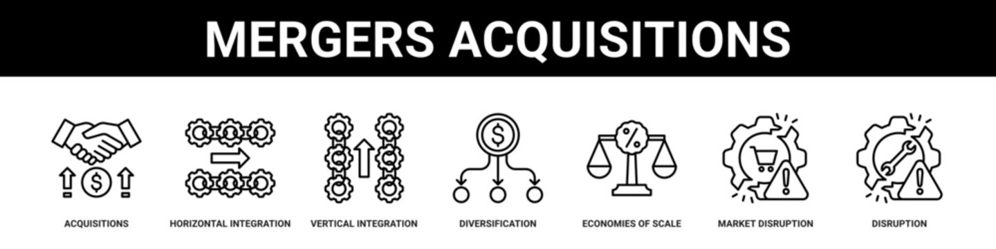 Mergers Acquisitions web banner icon set collection solid style.