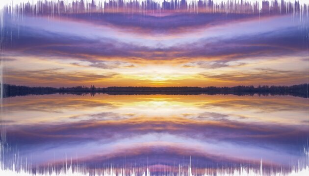 Abstract symmetrical mirrored landscape with a vibrant purple and orange sunset reflected in calm water, featuring a surreal pixel sorting glitch effect on the top and bottom edges - Powered by Adobe