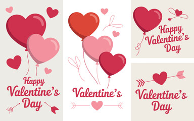 A festive Valentine's Day graphic design featuring heart-shaped balloons and arrows on a beige background.