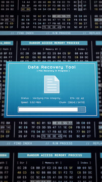 Data recovery process screen on cloud storage server, database protection backup for restore secure file sharing network, cyber security software technology illustration, retro computer monitor UI