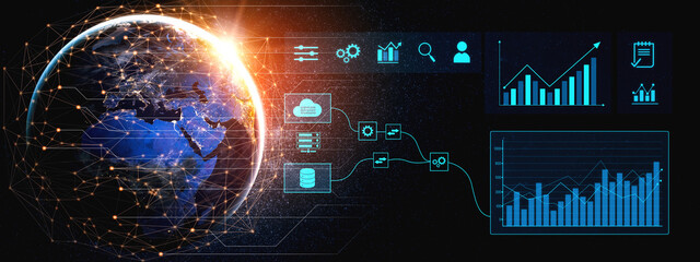 Data flow from database and cloud to processing and analytics dashboards, representing data analysis, automation, insight generation, and digital intelligence Vouch