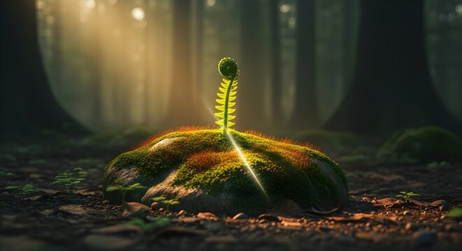 Young Fern Growing on a Mossy Rock in the Forest Sunlight, a Symbol of New Life