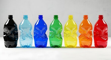 Fototapeta premium Colorful Collection of Crushed Plastic Bottles in a Row Against a White Background