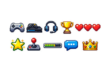Gaming pixel art icon set. Classic video game items in pixel style collection