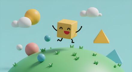 Fototapeta premium Cute 3D cube character jumping on a green hill with geometric shapes and blue sky, colorful minimal style, perfect for creative concepts, education, kids design, and playful visuals.