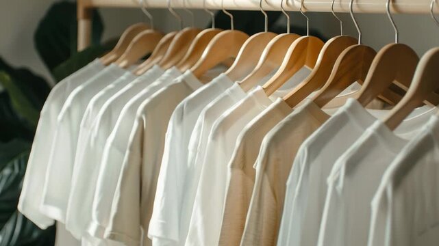 Neutral color t-shirts hanging on wooden hangers