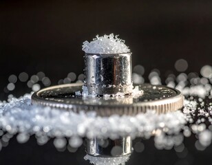Miniature metallic cylinder with crystals on a coin. Abstract close-up, dark backdrop