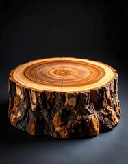 Close-up of a tree stump, with visible rings on a dark background