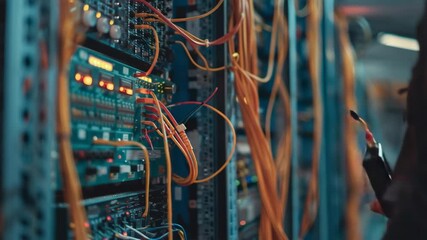 It technician testing network cable in a server room