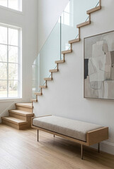 Minimalist White Hallway with Natural Light, Glass Staircase, and Wood Bench