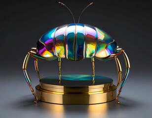 Iridescent, metallic insect sculpture on a gold pedestal, sleek and futuristic