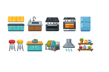 Kitchen appliance flat icon set. Cooking, tools, home icons flat collection