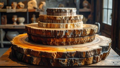Tiered wooden platters stacked on a rustic table, workshop in background