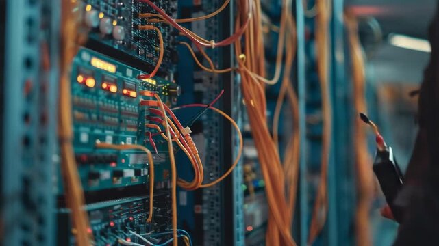It technician testing network cable in a server room