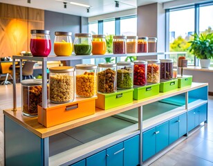 Colorful food jars on display in a modern, bright office setting