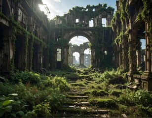 Dilapidated grand hall overrun by vibrant plant life, sunlight streams in