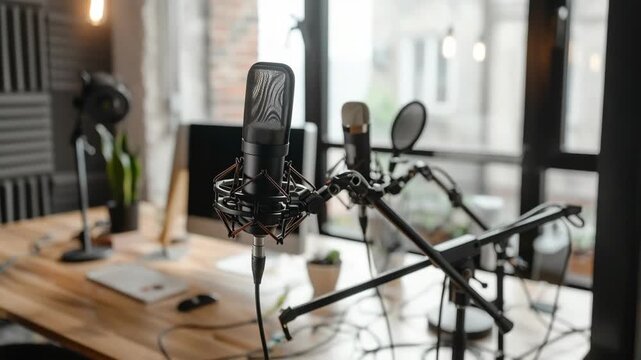 Professional condenser microphone in a modern recording studio