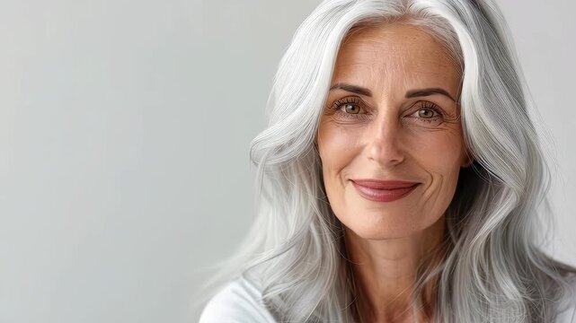 Graceful Maturity: A Portrait of a Beautiful Silver-Haired Woman Smiling serenely, showcasing timeless elegance. 