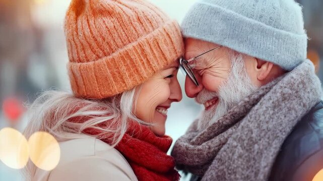 Eternal Bonds of Love: A radiant older couple, wrapped in the warmth of winter attire, shares an intimate moment, their eyes locked in a silent symphony of affection and shared memories.