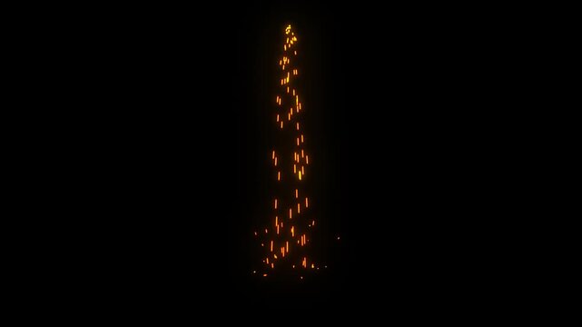 Cinematic fire particles falling and hitting the ground, creating glowing sparks and embers on a dark black background. Realistic burning particles scatter and fade, forming a dramatic fire effect ide