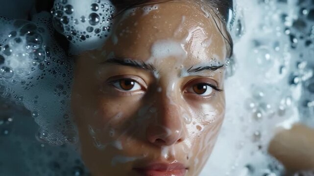 Woman's face emerging from a relaxing bubble bath