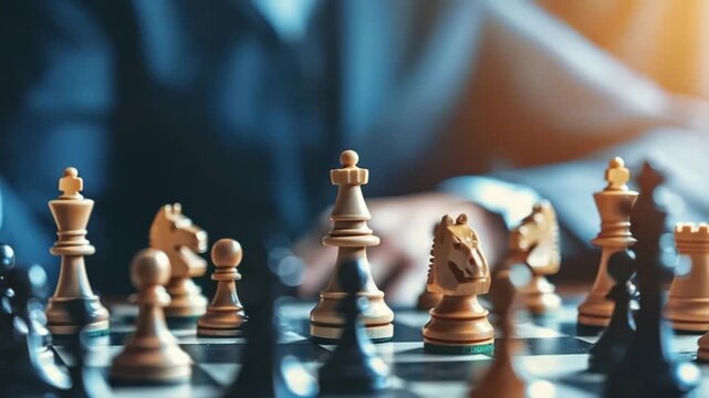 Businessman's hand moving queen chess piece on board