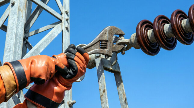 Close up of lineman hands in safety gloves using wrench to repair high voltage power line insulator on transmission tower against blue sky