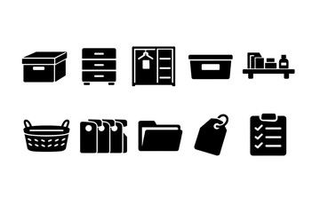 Home organization solid icon set. Storage solutions, container icons for neat spaces.