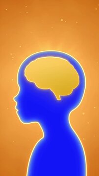 Kid with golden smart brain background, children study growth critical thinking concept, deep learning education development in young child, high Intelligence idea and creativity 3d animation