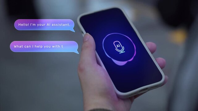 Person using personal AI agent assistant in the city, voice recognition artificial intelligence chat app dialogue screen, smartphone text to speech chatbot, smart customer service support technology