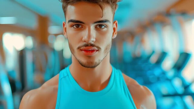Strength and Determination: A muscular and focused man stands confidently in a gym, radiating health, fitness, and vitality, embodying the spirit of self-improvement and physical achievement.