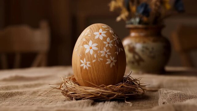 Painted wooden easter egg in nest decoration