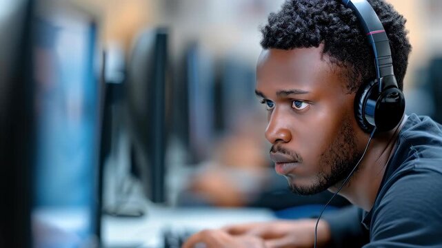 Focused Vision: A focused individual wearing headphones engrossed in a computer display, likely amidst a professional or educational setting. 