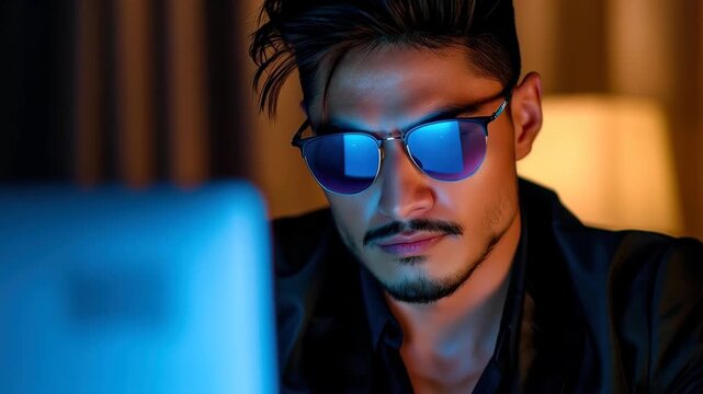 Focused Gaze: A man in sunglasses studies the computer, the blue glow reflecting in his eyewear, in a scene that captures the intensity of modern work.