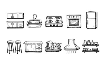 Kitchen appliances line icon set. Home, cooking, appliance, furniture, interior collection