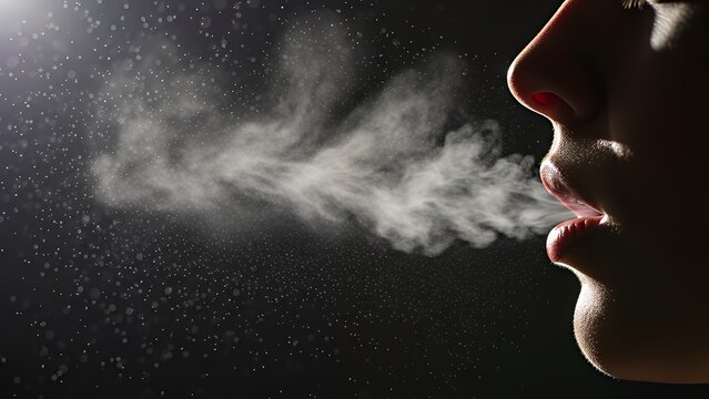 Close-up of person exhaling vapor against dark background