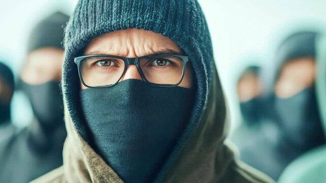 Anonymous Expressions: A portrait of individuals in the crowd, concealing faces behind masks and beanies. Capturing a sense of mystery, protest, and unified intent.