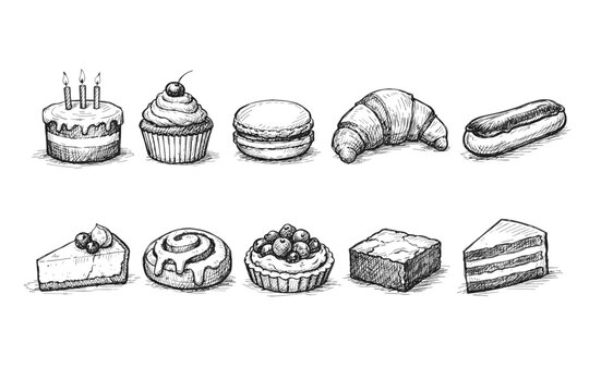 Bakery goodies sketch icon set. Desserts and pastry hand-drawn icon collection 3d style