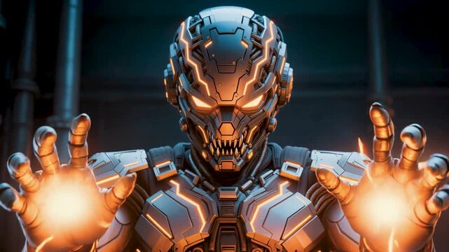 High-detail sci-fi portrait of a futuristic armored warrior with a menacing skull-like face and glowing orange eyes, channeling powerful electrical energy arcs from its hands