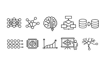 Machine learning and data science icon set. Ai, neural network, big data outline collection.