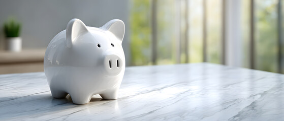 White ceramic piggy bank on marble table with natural light in a modern interior setting